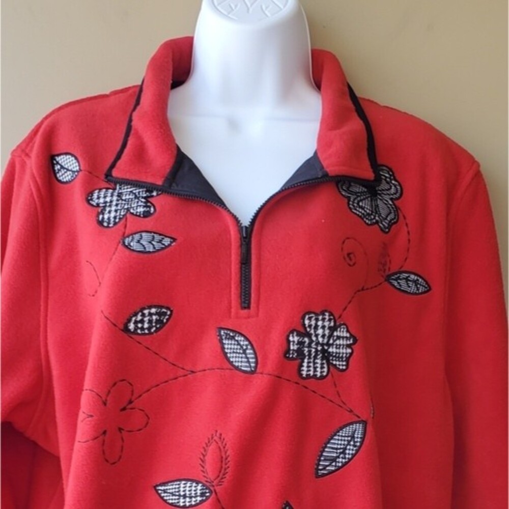 Vintage 1990s Grandma Core Red Checkered 1/4 Zip floral Fleece Pullover - Picture 3 of 10